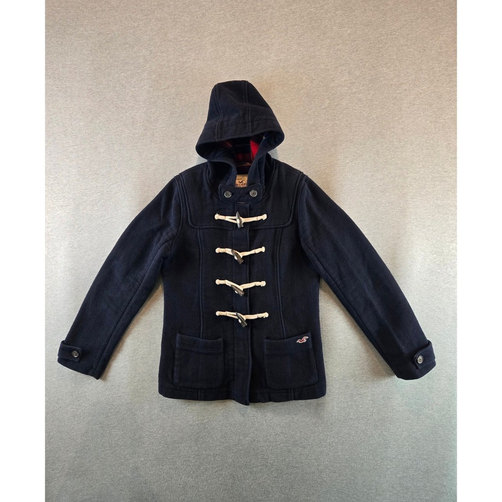 Vintage Hollister Duffle Coat Women Large Navy Blue Y2K Wool Blend Toggle Hooded